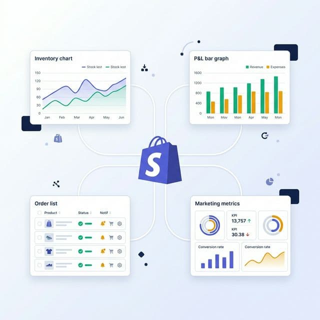 Dashboard ERP Profitar conectado a Shopify con módulos de inventario, P&L, marketing y órdenes